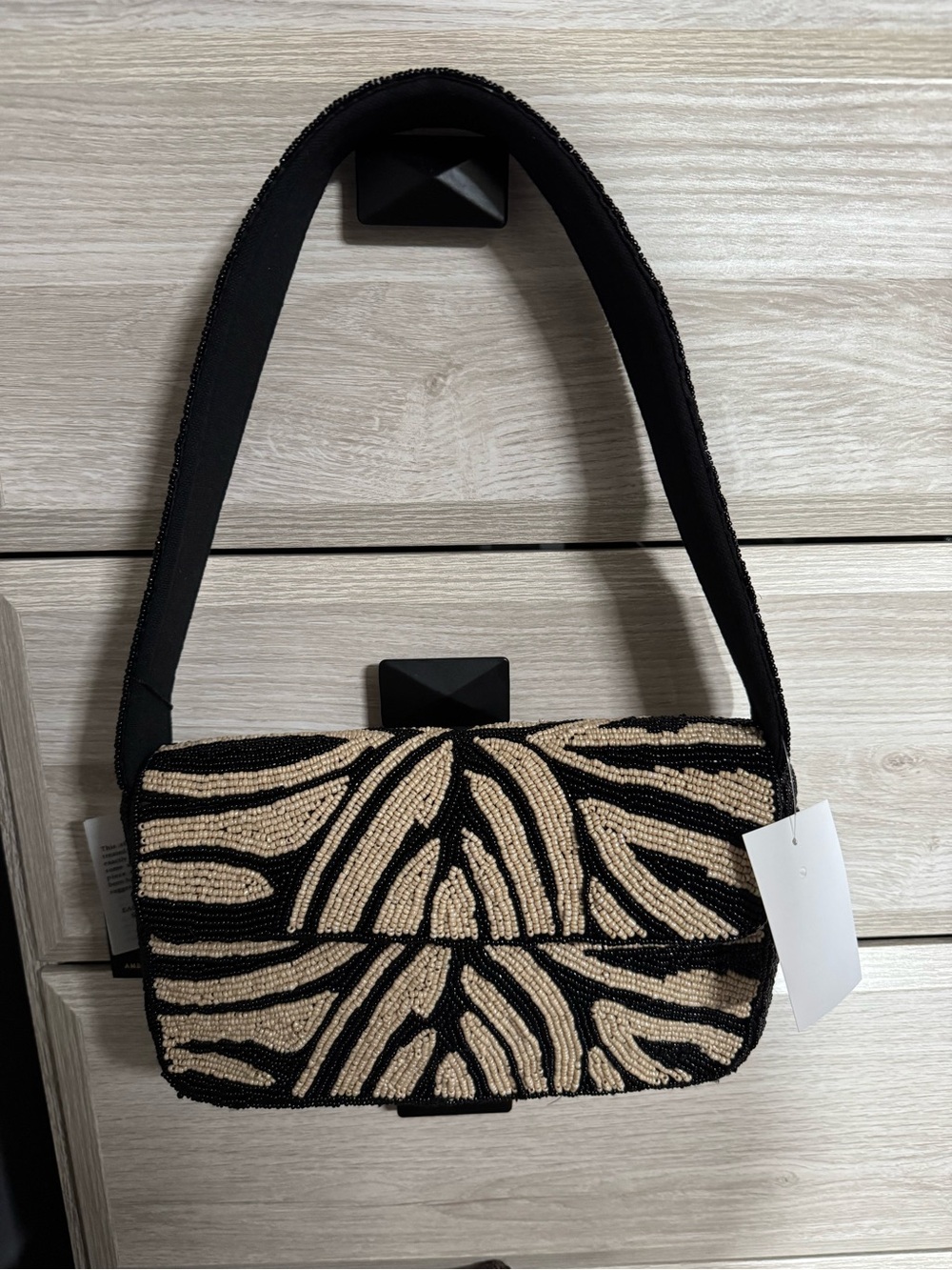 Beaded Zebra-Pattern Shoulder Bag - Black & Cream
